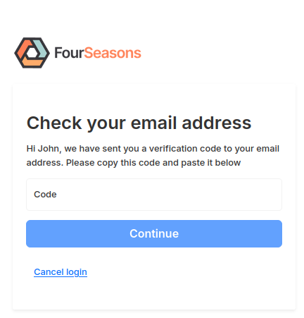 Screenshot of a passwordless login code entry screen