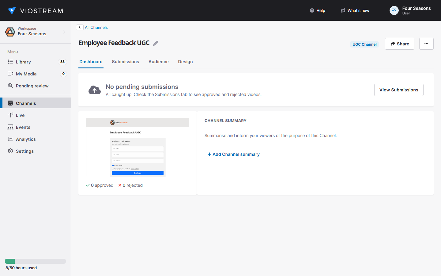 Screenshot of a UGC Channel dashboard