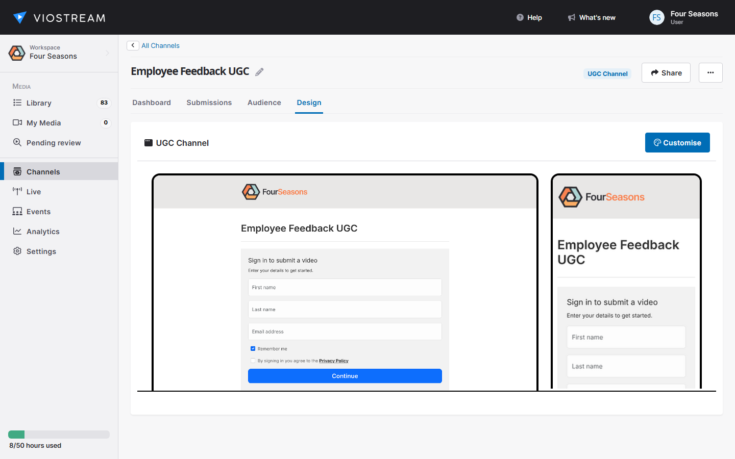 Screenshot of UGC Channel design tab