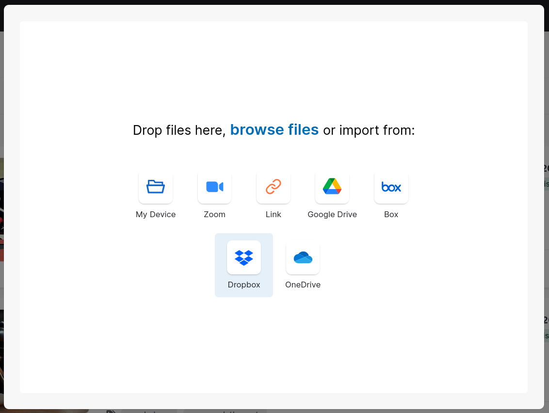 Upload interface showing cloud storage options