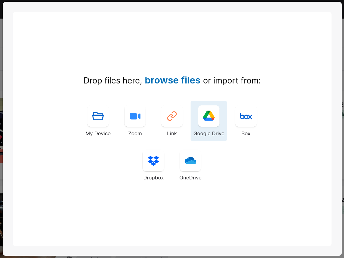 Upload interface showing cloud storage options