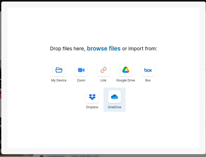 Upload interface showing cloud storage options
