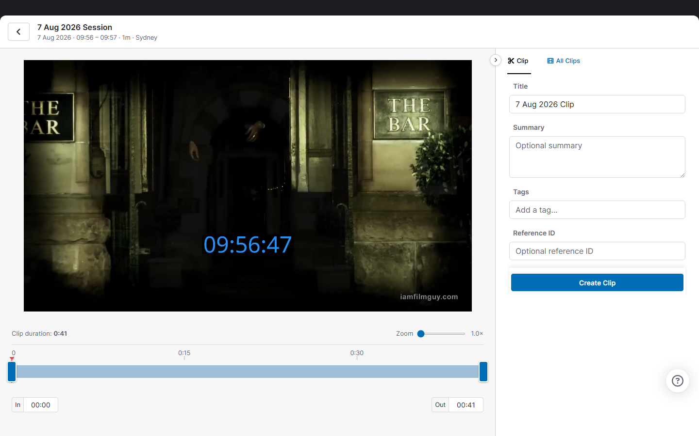 Full-screen clip editor with timeline and metadata panel