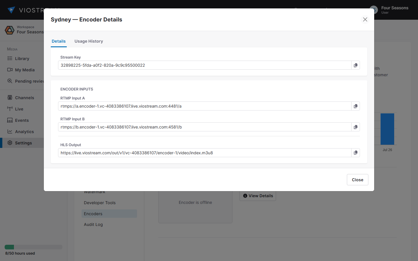 Screenshot of the Encoder Details modal showing Stream Key and RTMP inputs