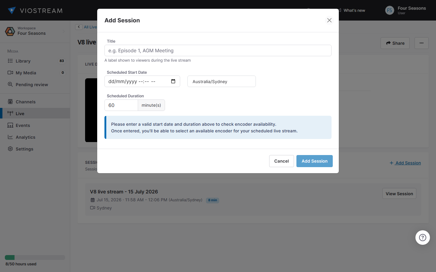 Screenshot of the live stream detail page showing encoder status
