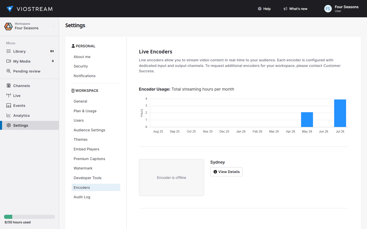 Screenshot of the Live Encoders list in Viostream Settings