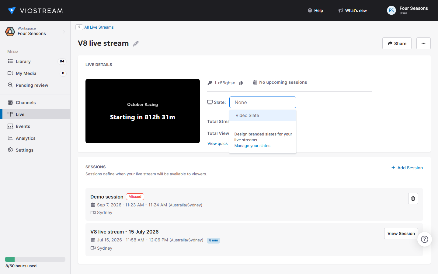 Screenshot of the Slate picker on the Live Detail page