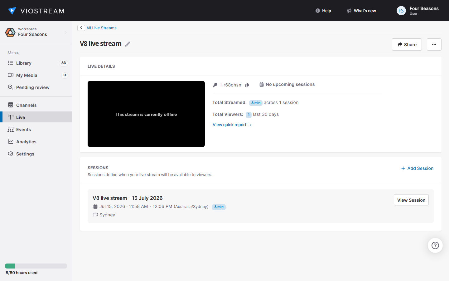 Screenshot of the live stream detail page showing the Sessions section and Add Session button