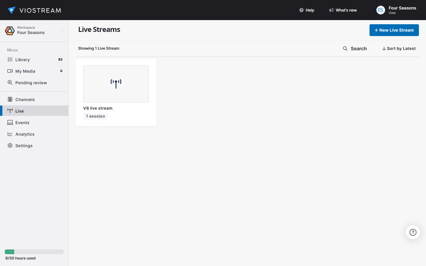 Screenshot of the Live Streams list with the New Live Stream button
