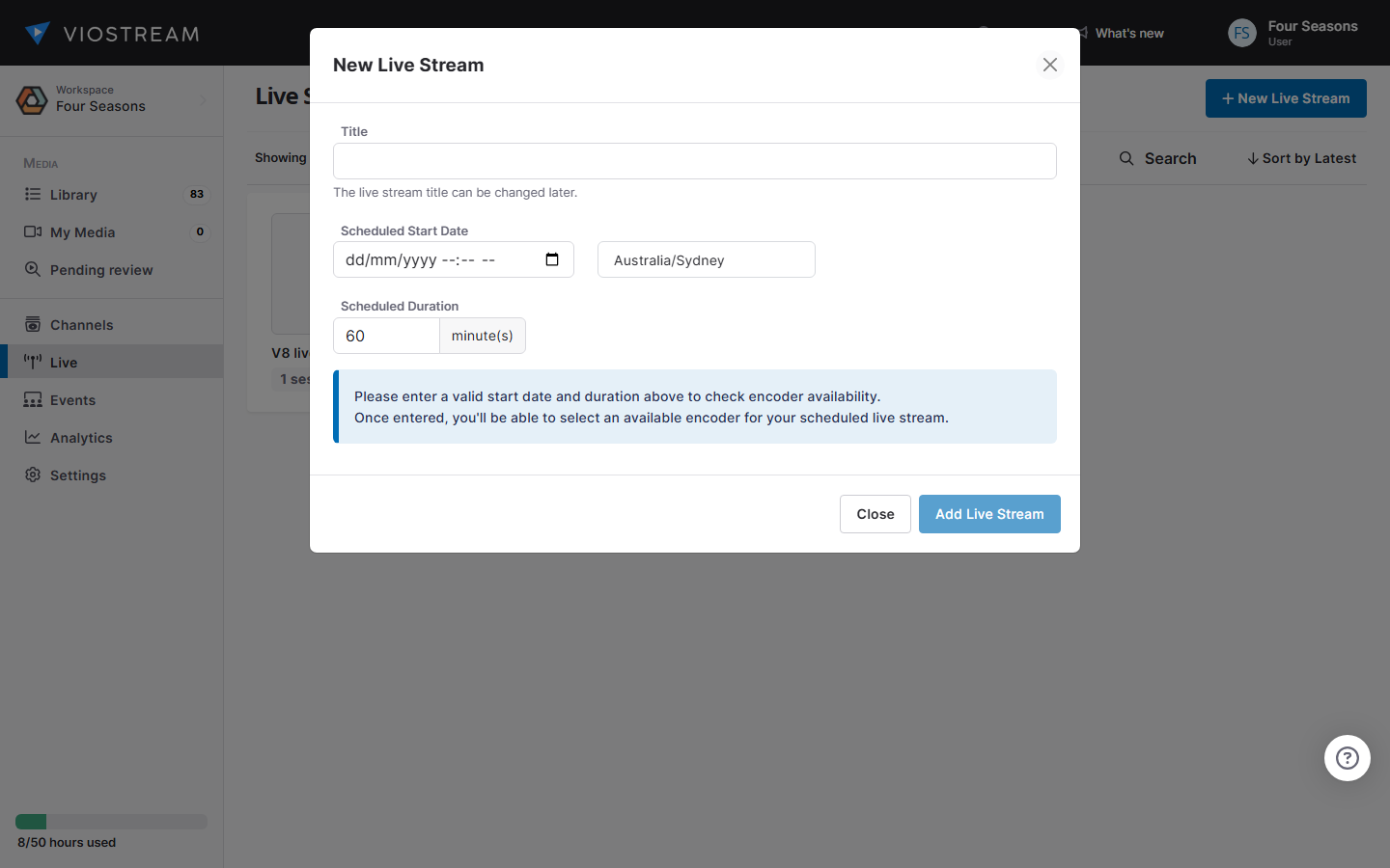 Screenshot of the New Live Stream form