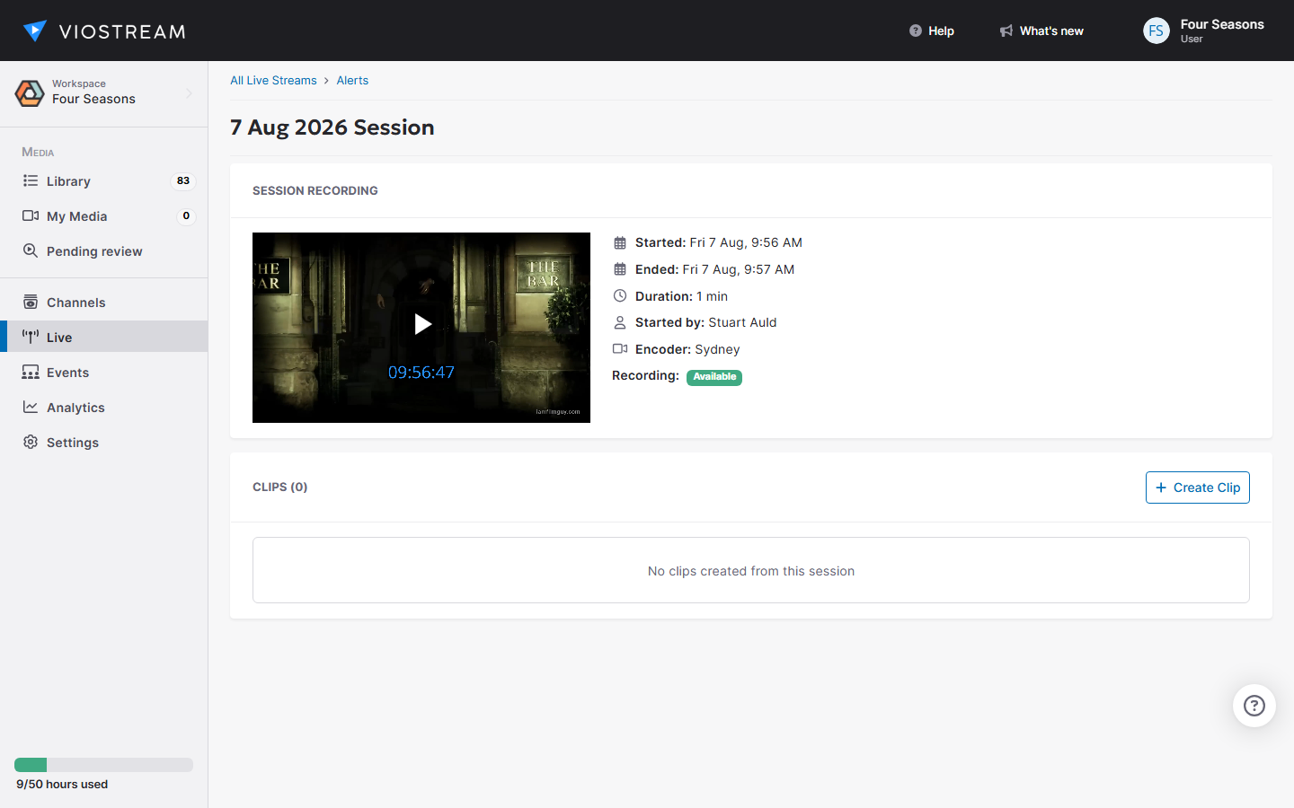 Session detail page showing the CLIPS section and Create Clip button