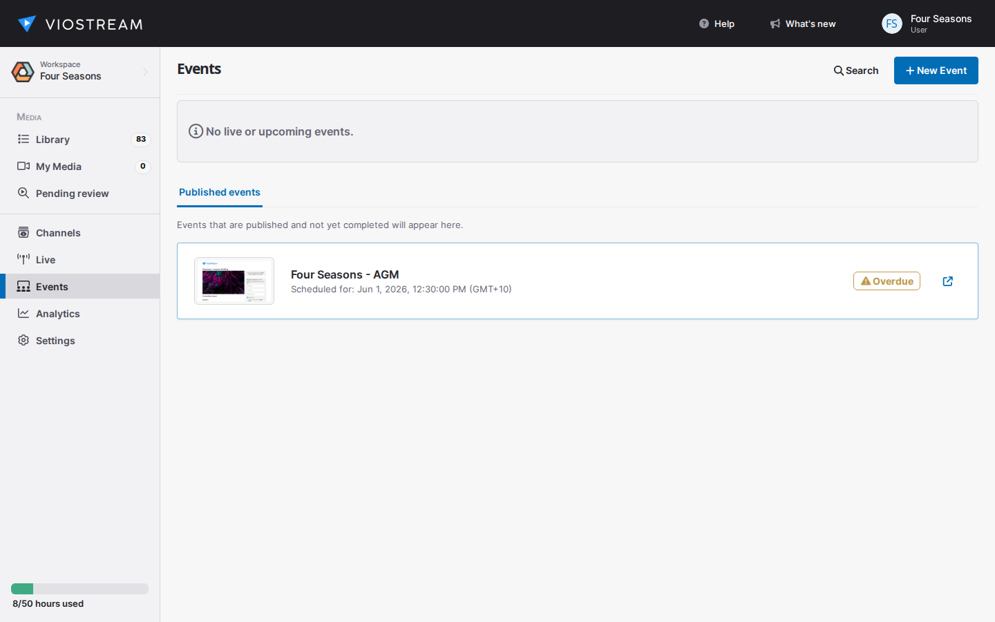 The Events list, showing published events and the New Event button