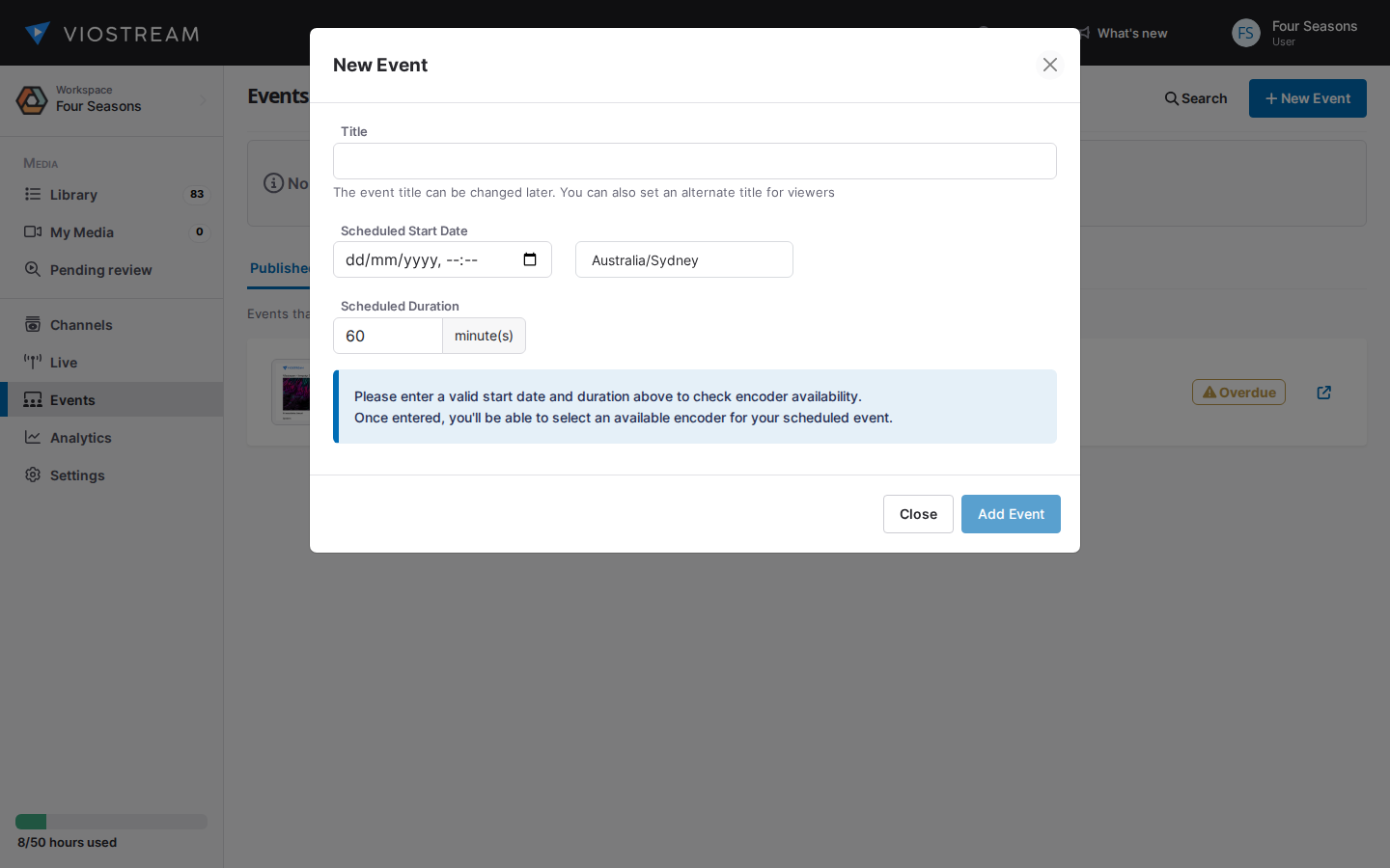 The New Event dialog, with fields for title, scheduled start date, timezone, and duration
