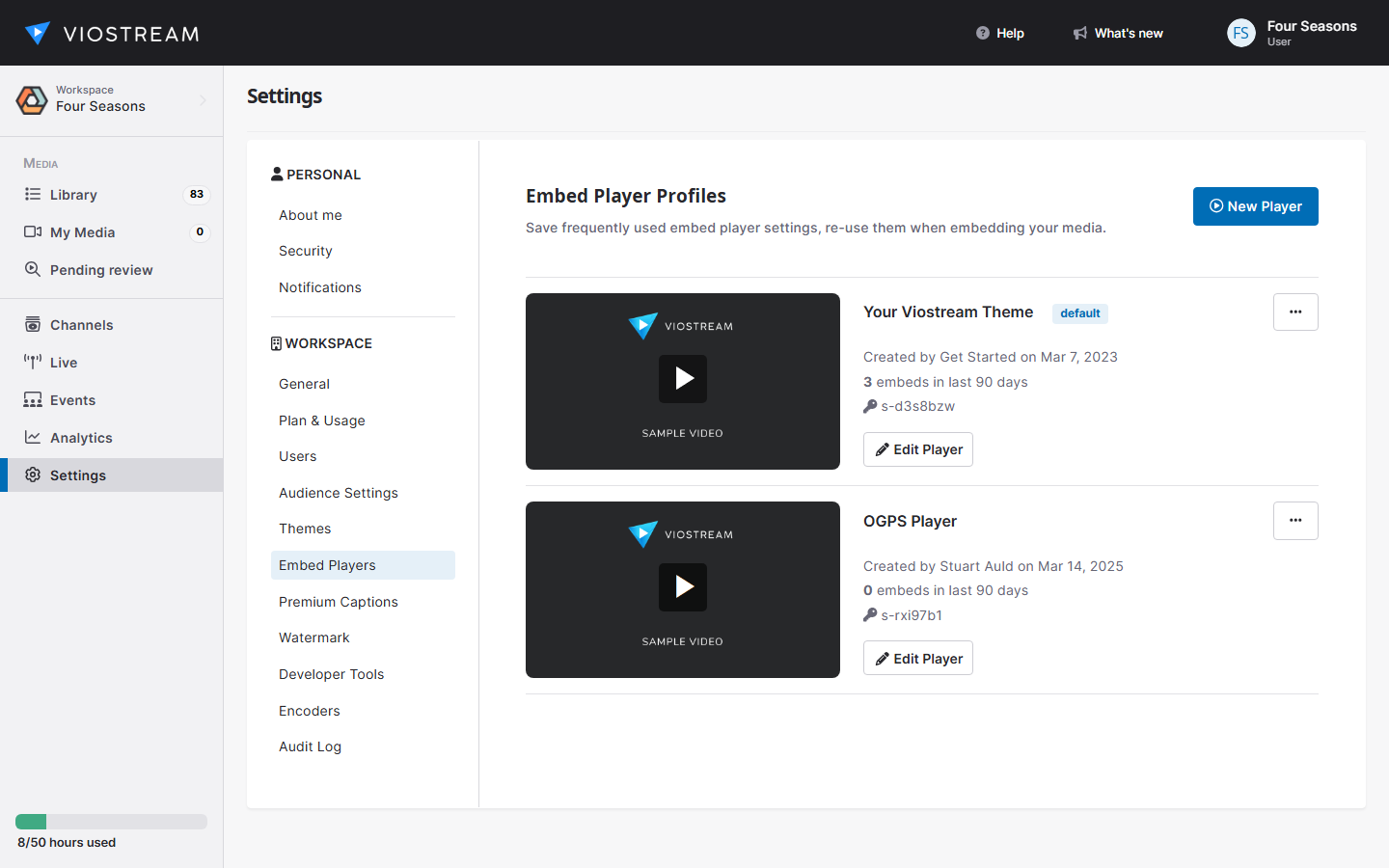 Screenshot of the Embed Players list in Viostream Settings