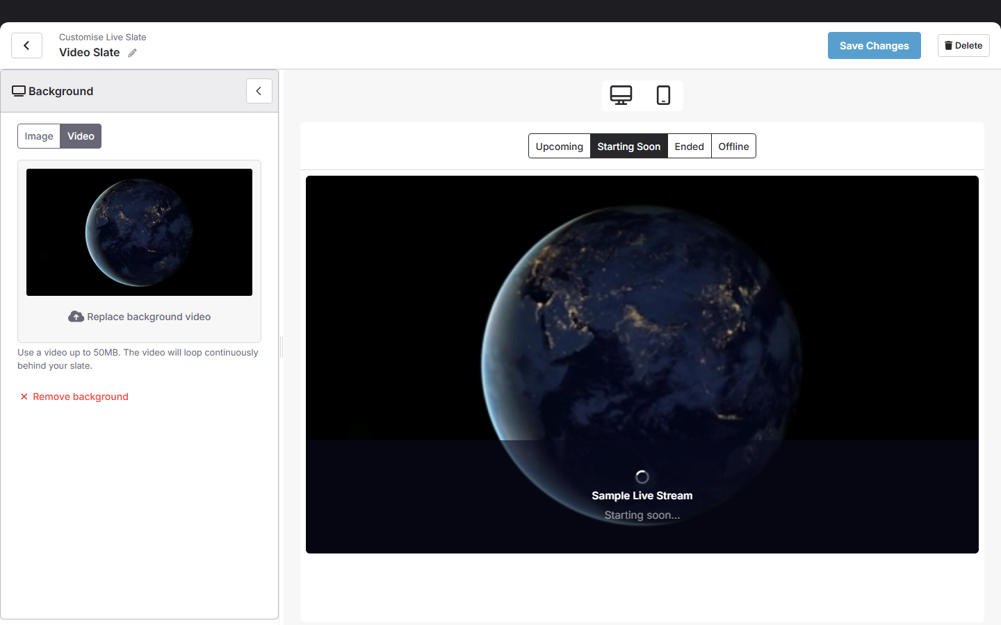 Screenshot of the Background section of the Live Slate editor