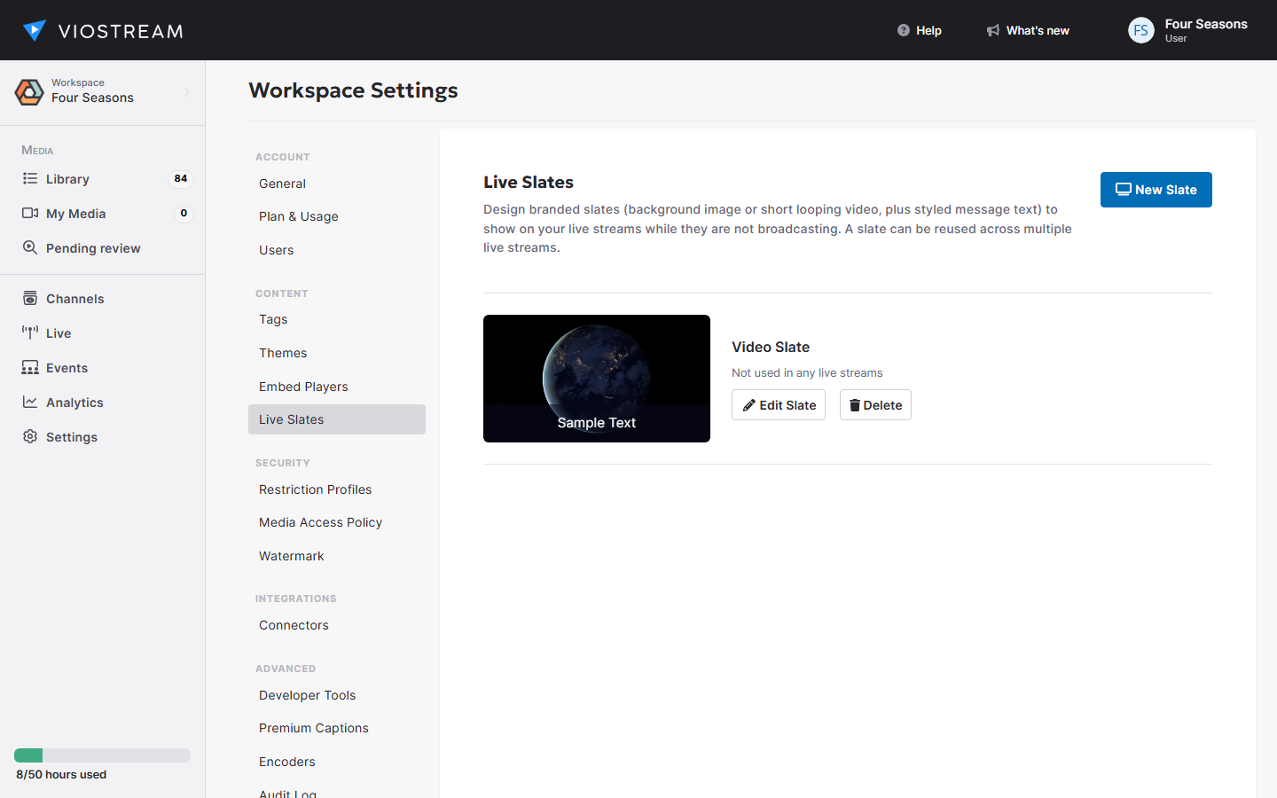 Screenshot of the Live Slates list in Workspace Settings