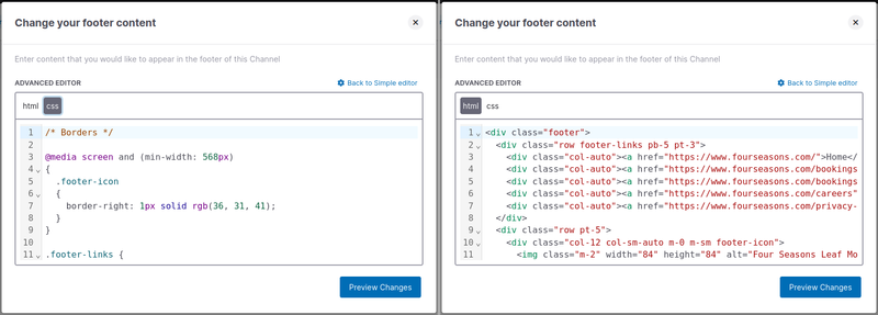 Screenshot of HTML and CSS code inside the advanced footer editor.